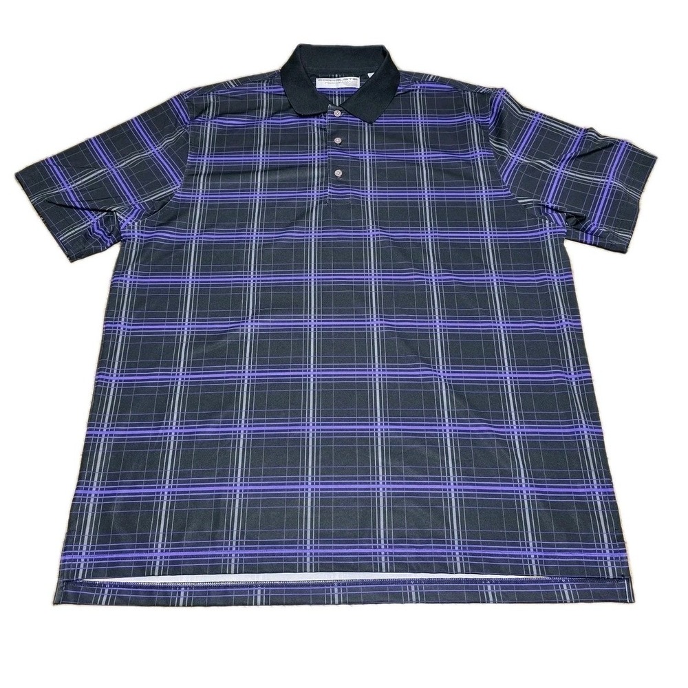 Carnoustie Performance Golf Polo Shirt Size 2XL Black with Purple Plaid Pattern